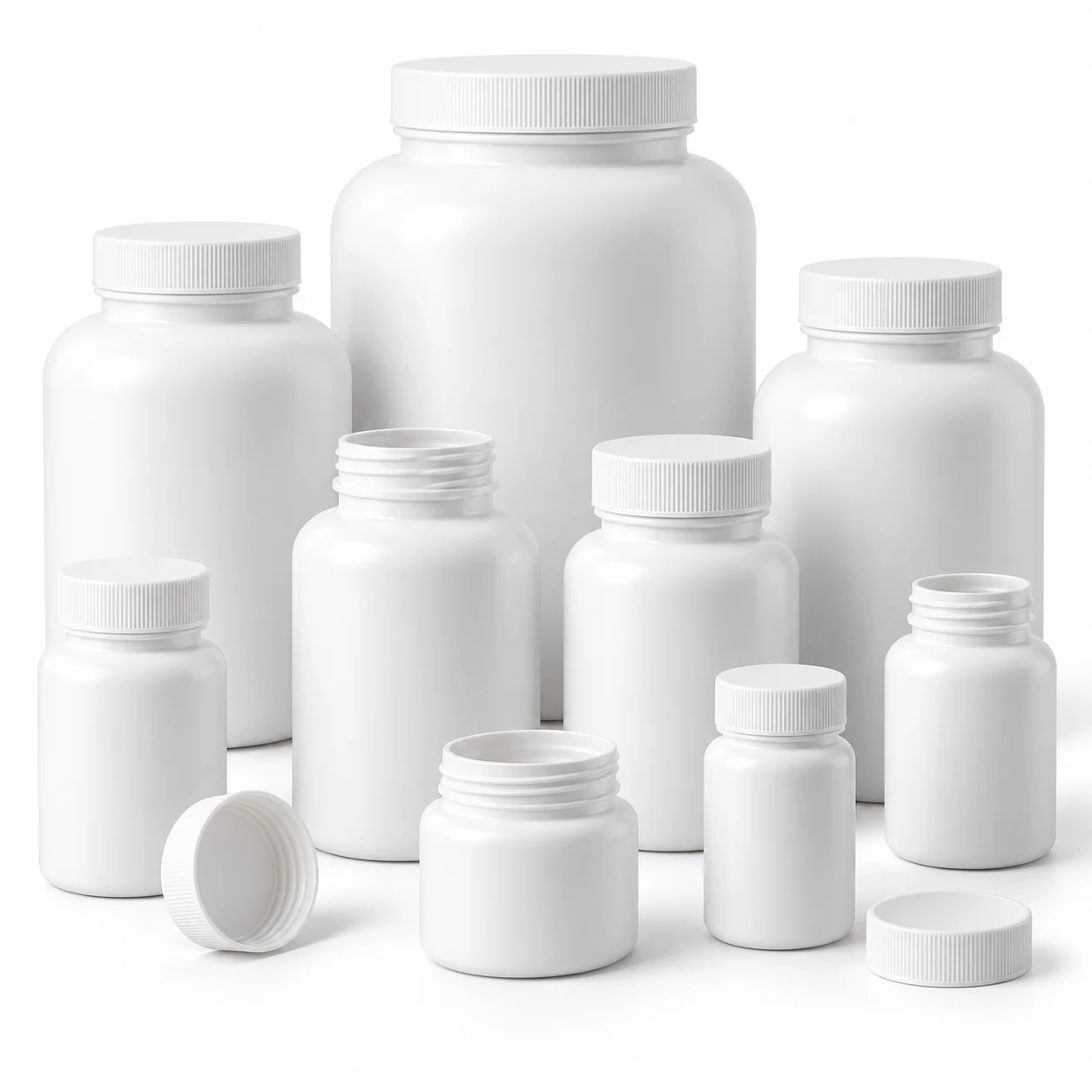 HDPE Tablet & Capsule Bottles — empty, unlabeled packaging