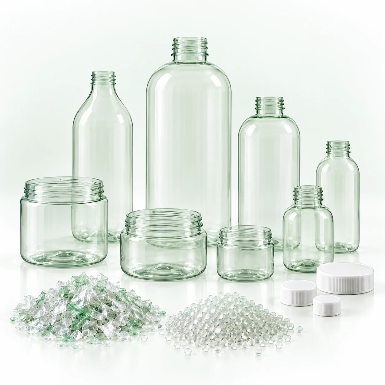 Empty unlabeled clear and green containers with recycled material samples displayed separately
