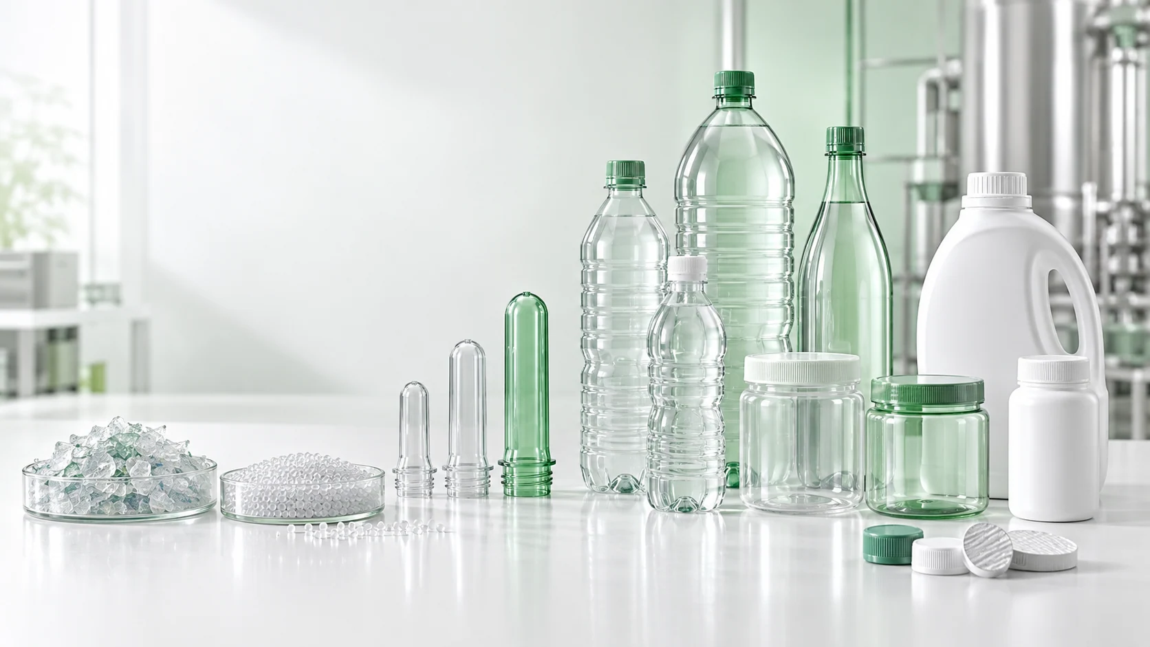 Empty recycled-material bottles, PET preforms and separately displayed flakes and pellets